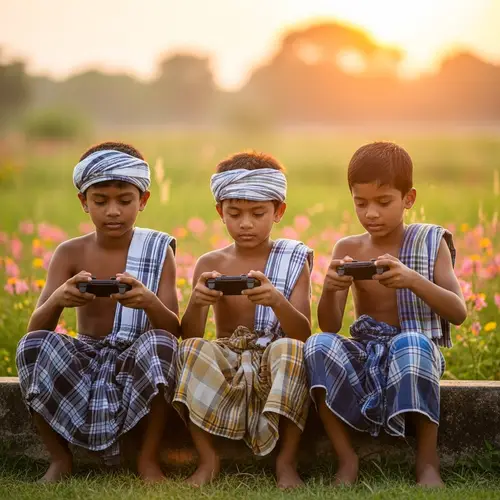 Diverse Young Boys in Traditional Lunghis Gaming in Colorful Setting