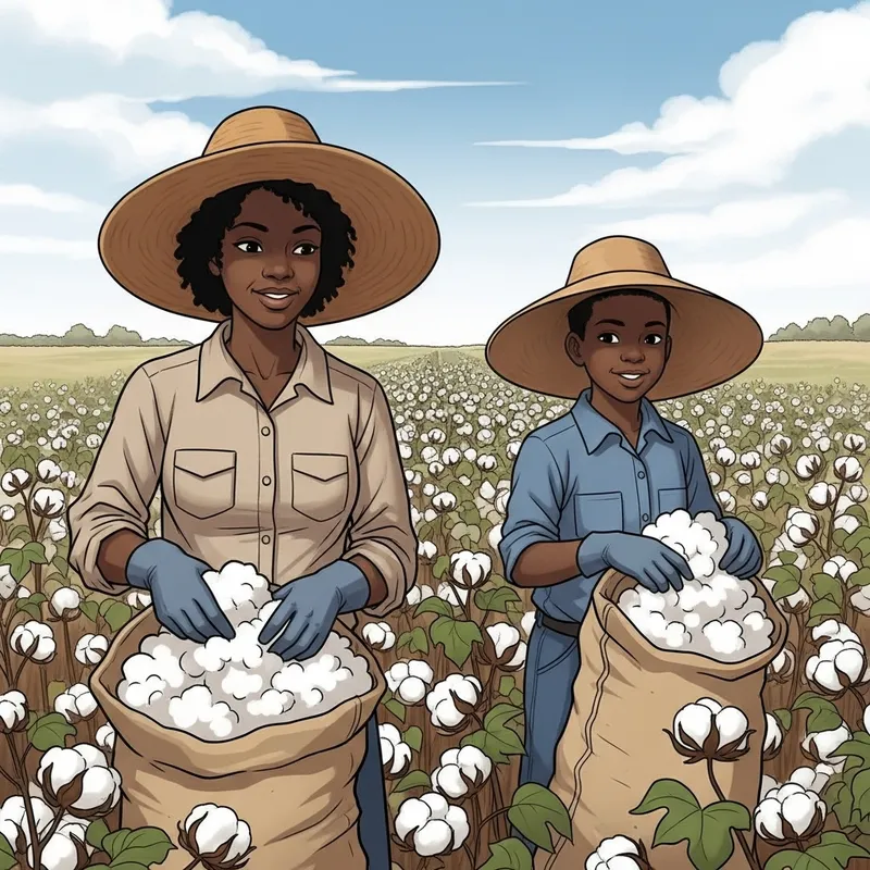 Black Mother & Son Harvesting Cotton | Family Farming Scene