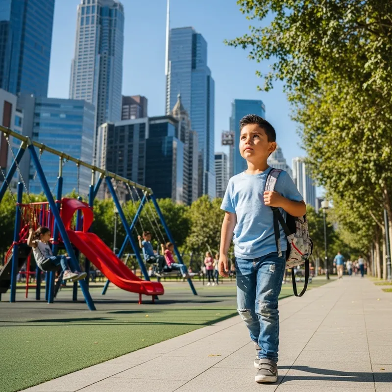Young Hispanic Migrant Boy Exploring Urban Landscape in the United States Young Hispanic Migrant Boy Exploring Urban Landscape in the United States