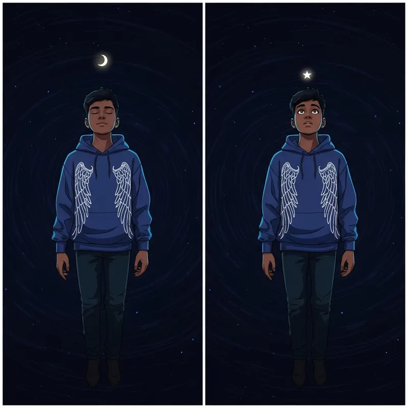 2D Illustrations Featuring South Asian Teen Boy with Unique Winged Outfits in Night Scenery