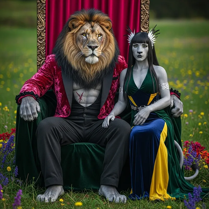 Majestic Lion & Lioness in Velvet Dress with Cyberpunk Elements