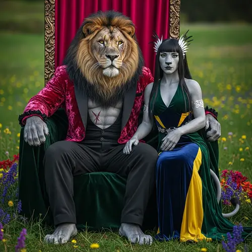 Fantasy Lion and Lioness Artwork with Cyberpunk Elements