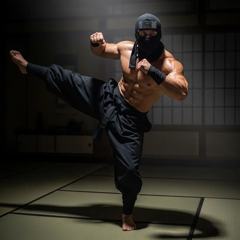 Muscular Ninja in Combat Pose | Strength Displayed