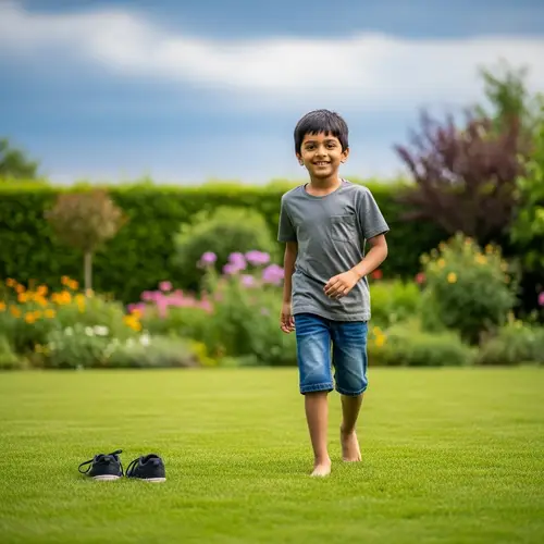 8-Year-Old South Asian Child Playing in Green Backyard