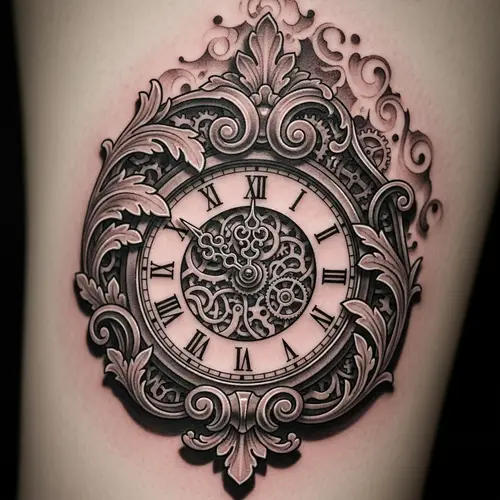 Intricately Designed Timepiece Tattoo with Baroque Elements