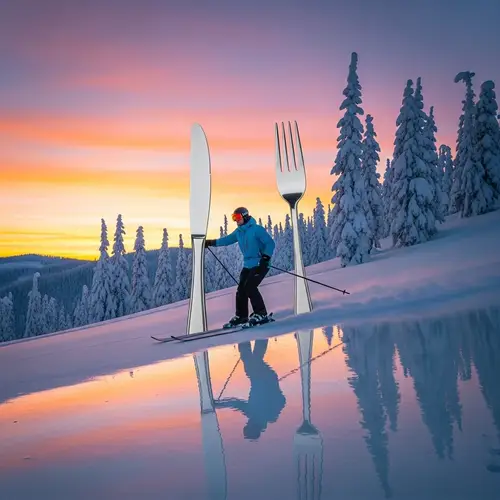 Whimsical Skier Gliding with Utensils on Snowy Slope