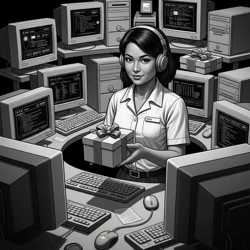 Vintage Black-and-White Digital Painting of Diverse Asian Female Web Programmer