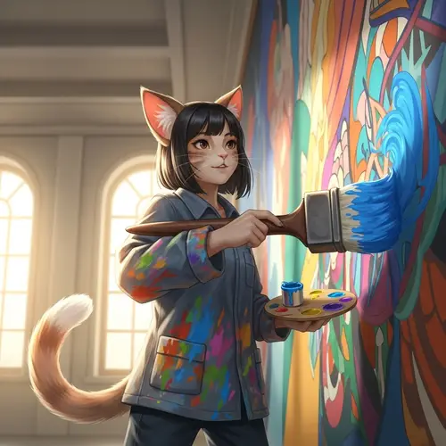 Asian Cat-Esque Girl Painting Mural with Vibrant Blue Brush