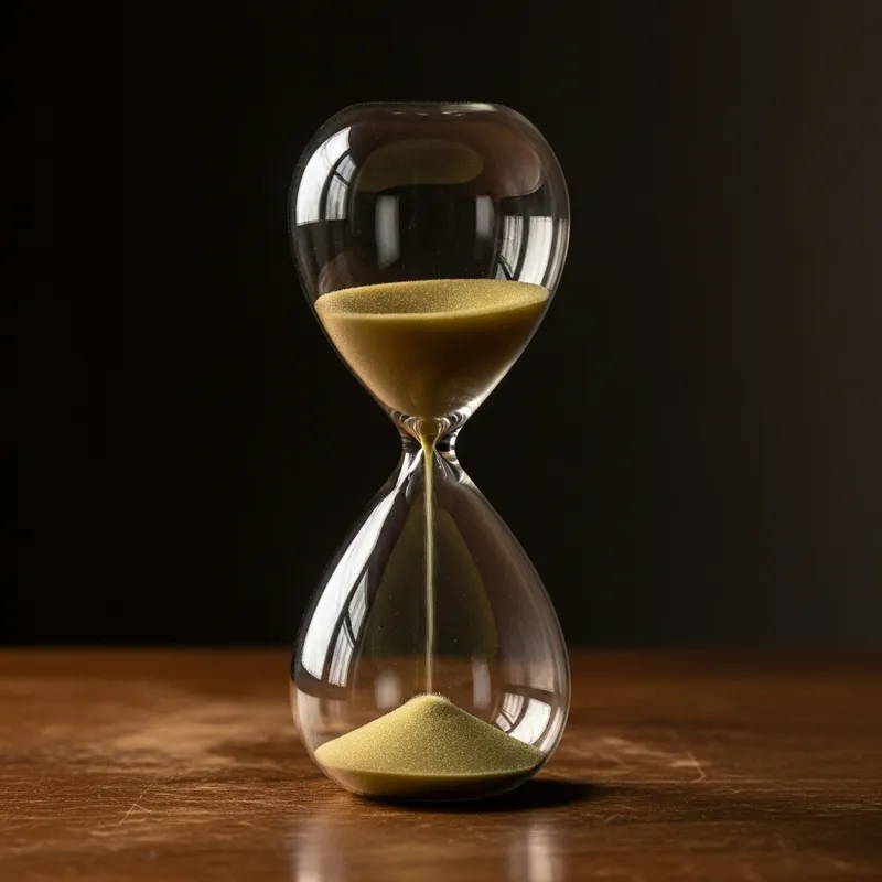 Elegant Hourglass with Time Running Out on Vintage Table Elegant Hourglass with Time Running Out on Vintage Table