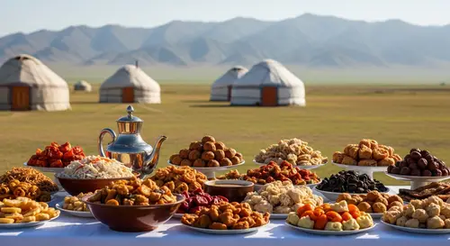 Festive Kazakh National Food Celebration in Steppe