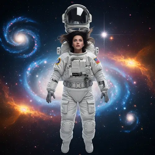 Young Woman Astronaut Floating in Space - Mesmerizing View