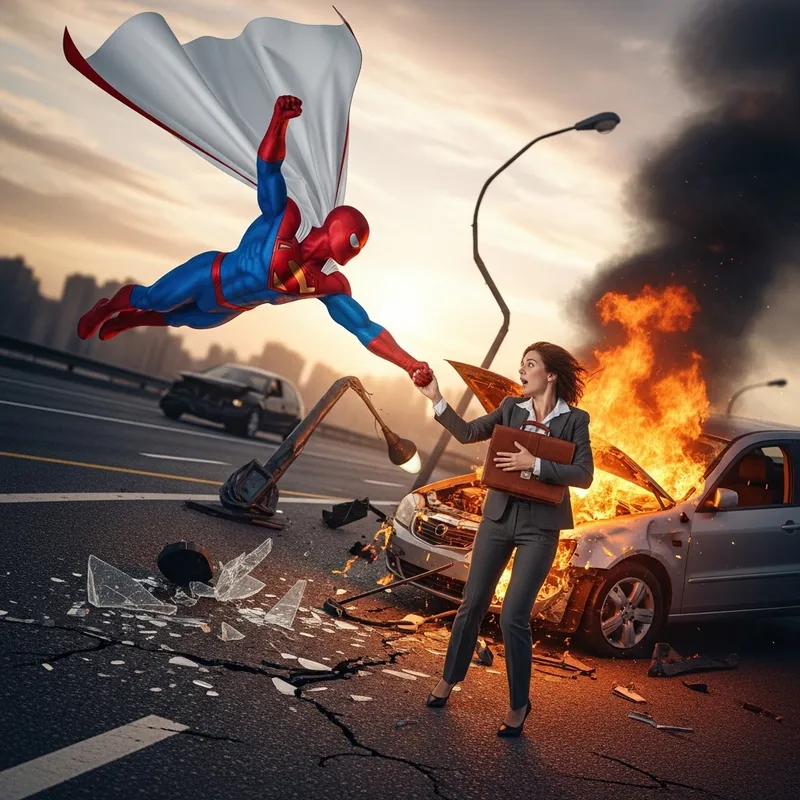 Superman Saves Businesswoman from Car Fire in Road Accident