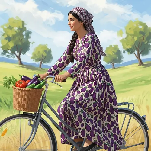 Middle-Eastern Young Lady in Vibrant Eggplant Dress on Bicycle