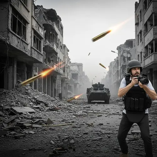 Courageous Journalist in War-Torn Street | Black and White Photo