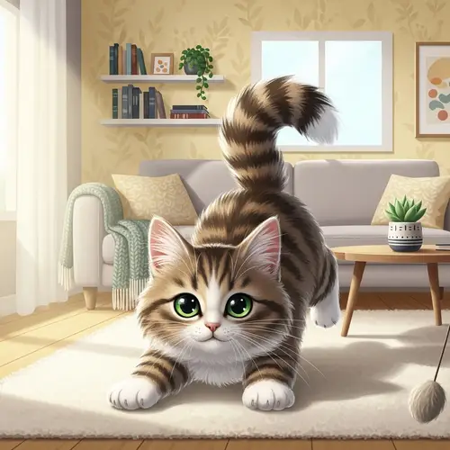 Playful Fluffy Cat Illustration in Cozy Living Room