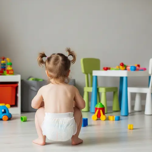 Cute Toddler Girl Squatting in Well-Lit Room