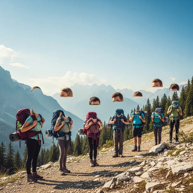 Hiking Adventure: Floating Heads in a Surreal Landscape
