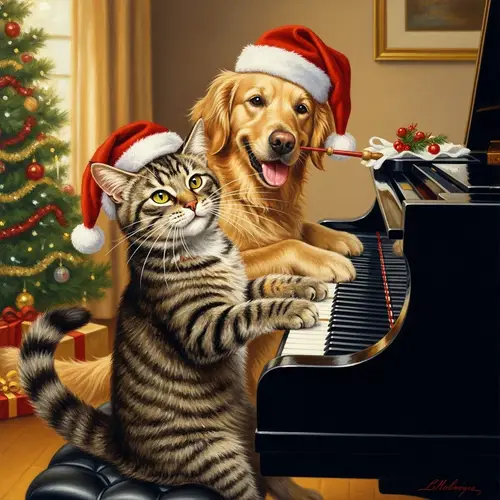 Christmas-themed Tabby Cat and Golden Retriever Piano Duet