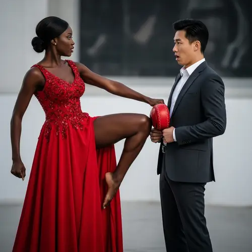 Powerful Athlete in Scarlet Gown Delivers Surprising Kick