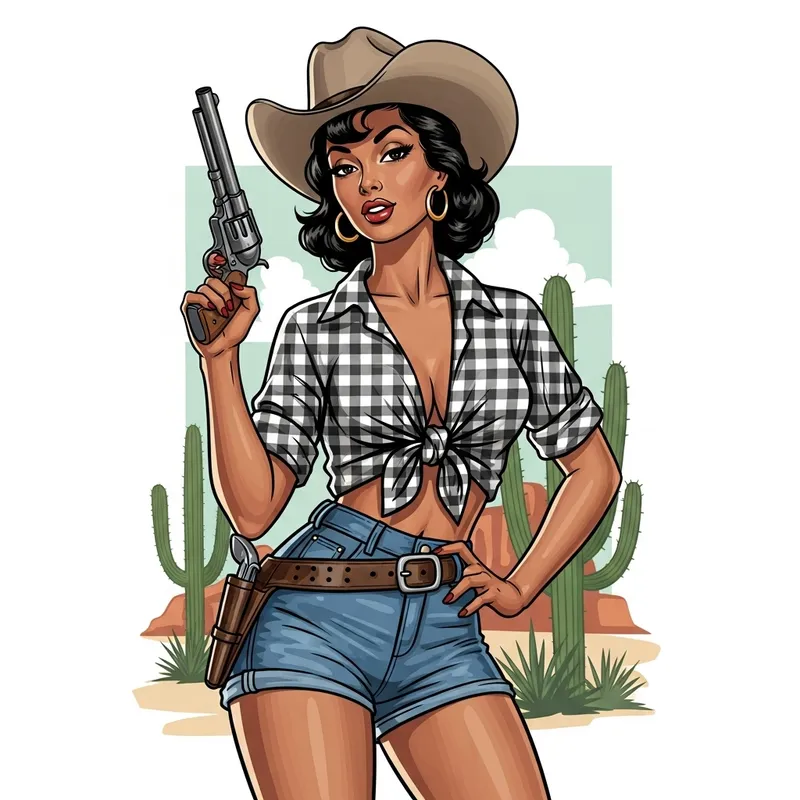 Pin-Up Cowgirl: Vintage Illustration of a South Asian Icon
