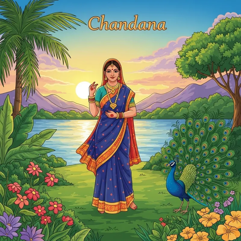 Serene Riverbank Landscape with Chandana and Peacock