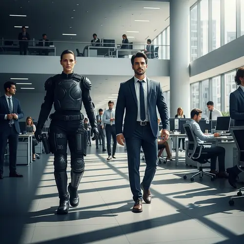 Female Bodyguard & Spanish CEO in Futuristic Office Setting