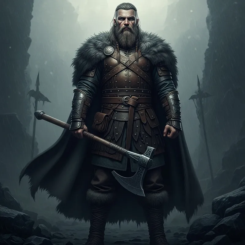 Bearded Male Viking Barbarian with Greataxe in Leather Armor - Grimdark Style