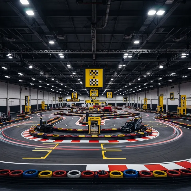 Vibrant Indoor Karting Track: Neon Racing Circuits & Paddock Ambiance Vibrant Indoor Karting Track: Neon Racing Circuits & Paddock Ambiance