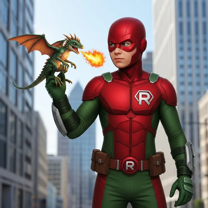 Youthful Superhero Robin with Mini-Draco in Urban Cityscape