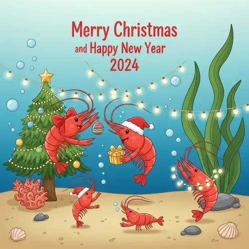 Cute Anthropomorphic Shrimp Family Christmas Greeting Card 2024