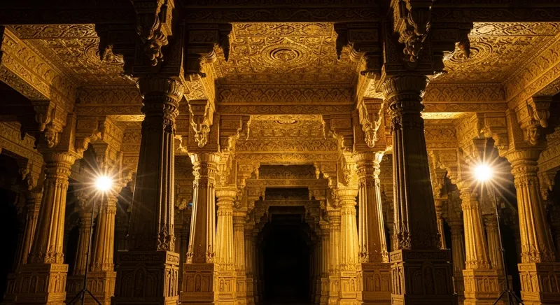 Intricate details of Golden Pillars in an Ancient Indian Temple