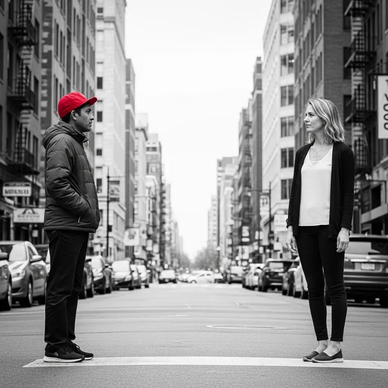 Dramatic Urban Street Scene with Diverse Figures Dramatic Urban Street Scene with Diverse Figures