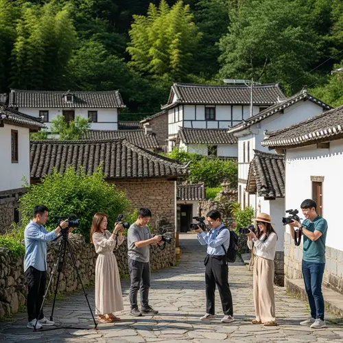 Capturing Experiences: Vlogging Group in Picturesque Village
