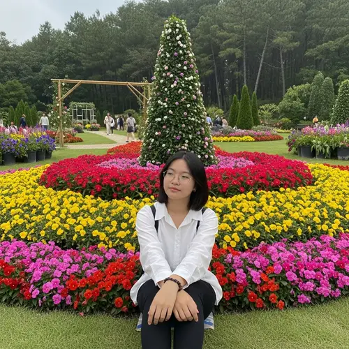 Asian Teenage Girl in White Shirt & Black Pants | Spectacles | Garden of Flowers