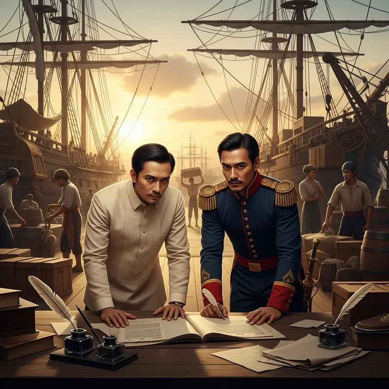Jose Rizal and Paciano Forming a Pact at the Port in 19th Century Philippines