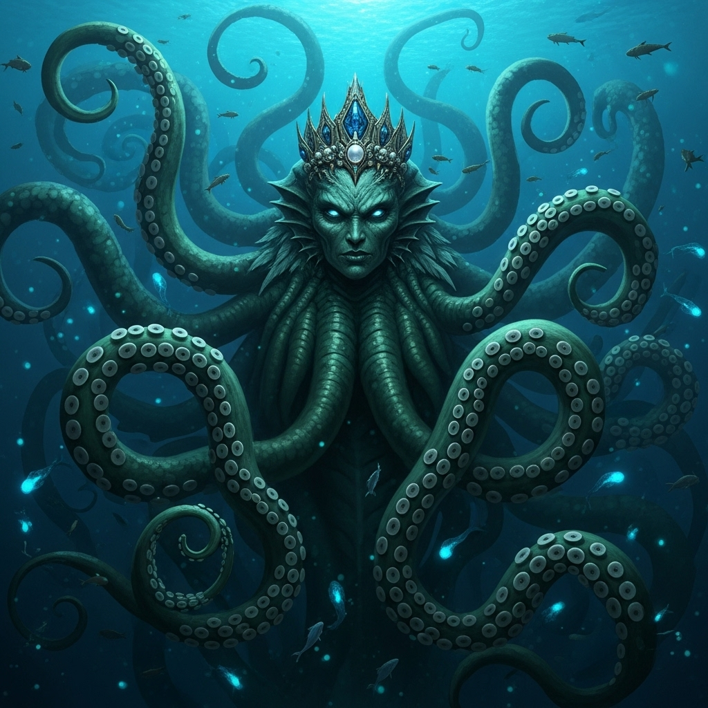 Ursula the sea witch with octopus tentacles casting magic underwater spell