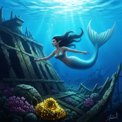 Enchanting Mermaid Exploring an Underwater Shipwreck