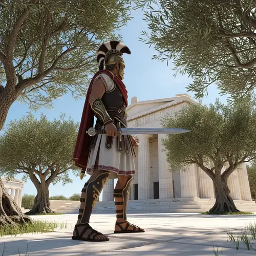 Ancient Greek Attire and Xiphos Sword in Olive Grove Setting