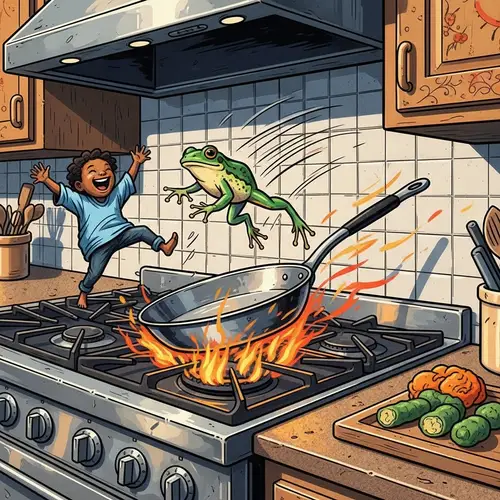 Whimsical Fantasy Art: Small Person & Frog in Vibrant Kitchen Scene