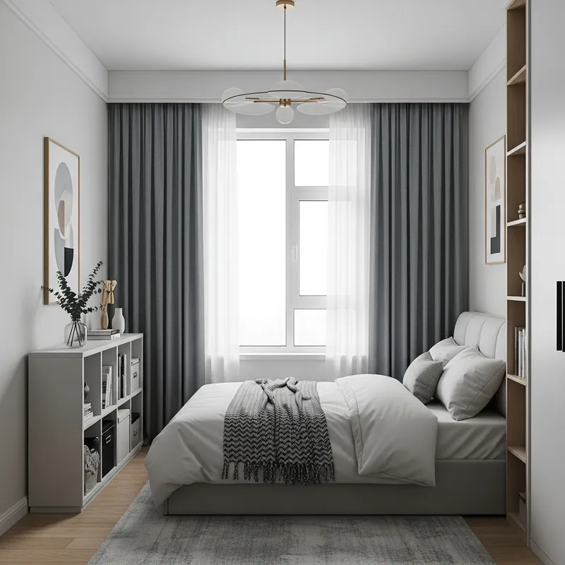 Simple and Cozy 13 Sqm Bedroom Design with Bed and Shelving Unit