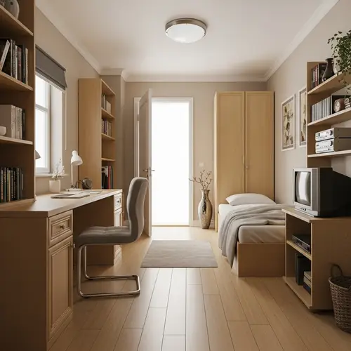 Intimate Room Design with Bookshelves, Study Table, Single Bed
