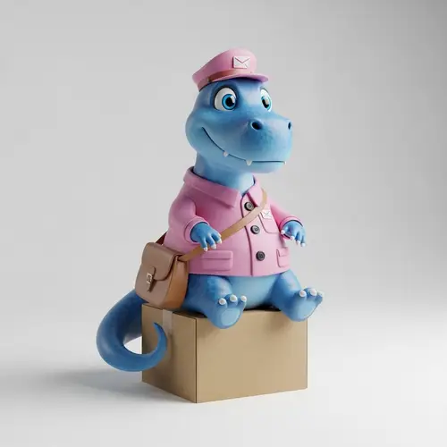 Adorable Blue Dinosaur in Pastel Pink Mail Carrier Outfit