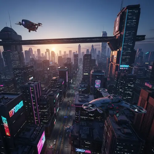 Futuristic Cityscape at Twilight: Cyberpunk Urban Aesthetics