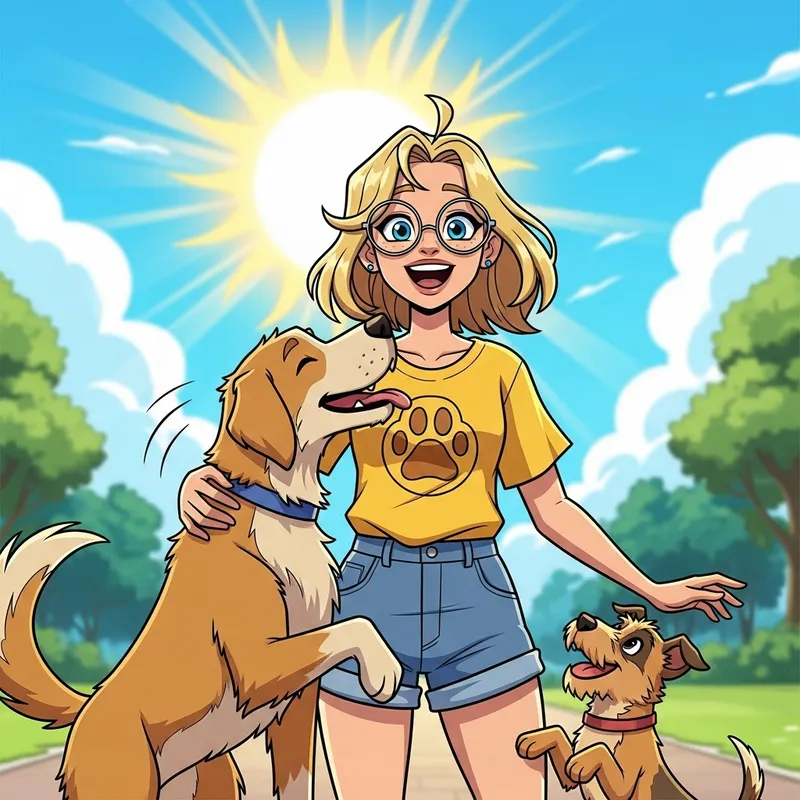 Disney Pixar Style Portrait of a Happy 22-Year-Old Blonde Woman with Glasses and Love for Dogs