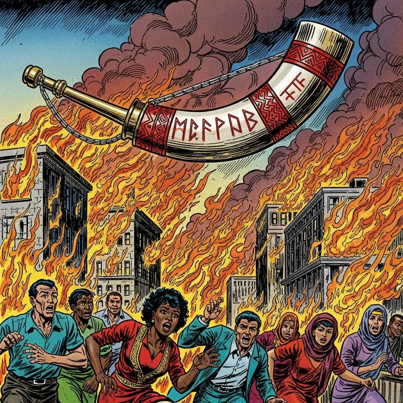 Apocalyptic Scene: Fiery Flaming Buildings & Fleeing Multicultural Crowds Apocalyptic Scene: Fiery Flaming Buildings & Fleeing Multicultural Crowds