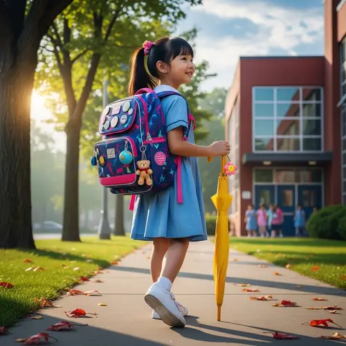 Tuyet Walking to School with Colorful Backpack and Umbrella | Educational Day