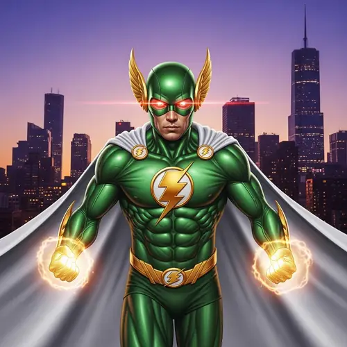 Asian Superhero with Green Suit and Laser Eyes