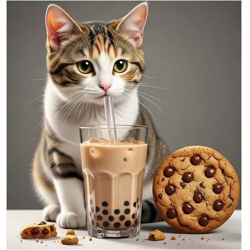 Cute Cat with Boba Tea and Cookie | Enchanting Pet Scene
