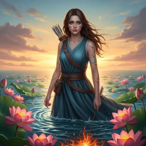 Warrior Woman in Fiery Ocean: Blue-Green Eyes & Lotus Flowers