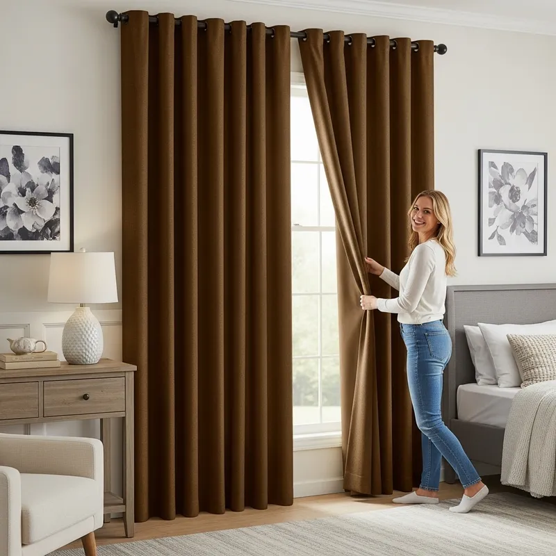 Cheery Woman Opening Coffee-Colored Curtains in Cozy Room